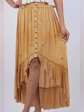 Sacred Threads Mustard High-Low Embroidered Button Skirt